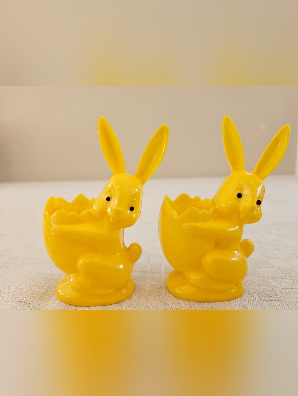 2 Yellow Vintage Easter Rosbro Plastic Bunny Rabbit Egg Candy Containers